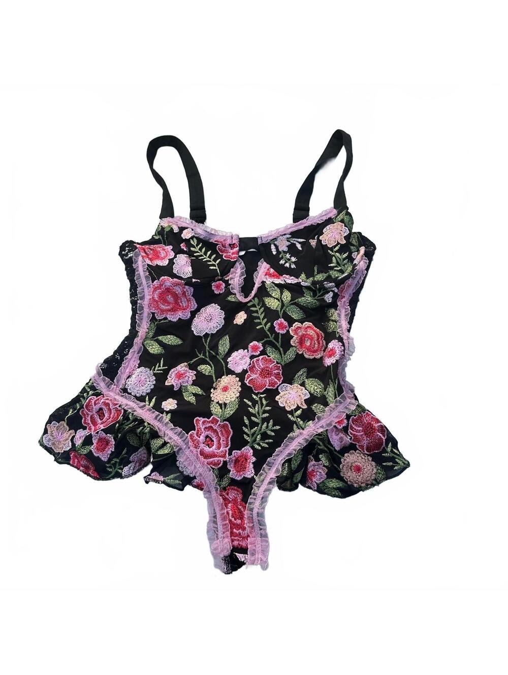 iHeartRaves Floral Embroidered Black Bodysuit with Pink Lace Trim Size L